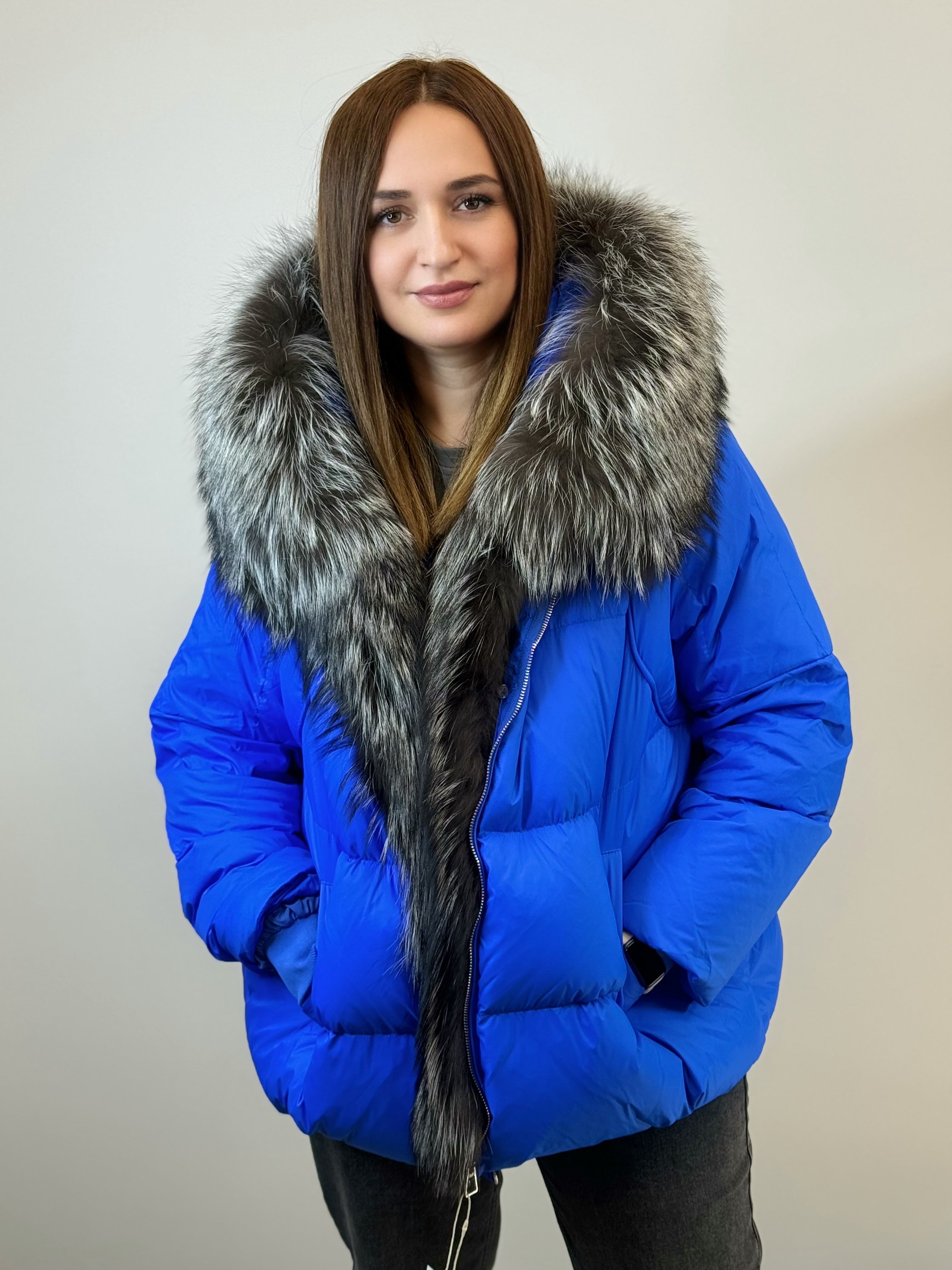 куртка 002 💙 Женская зимняя куртка с мехом Royal Blue | Silver Edition